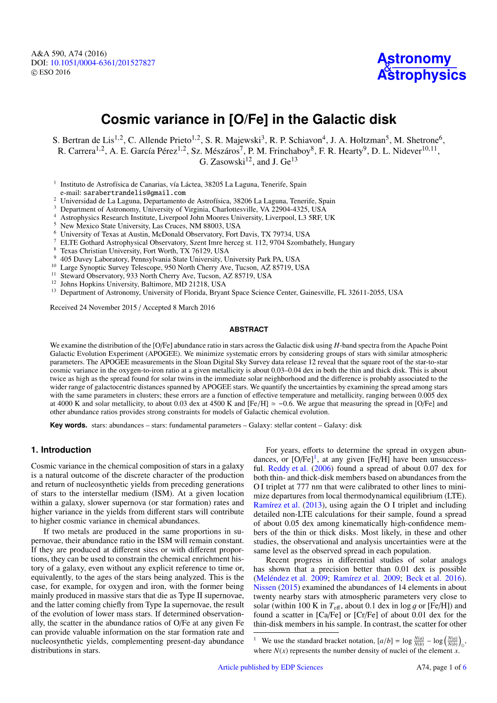 Cosmic Variance in [O/Fe] in the Galactic Disk S