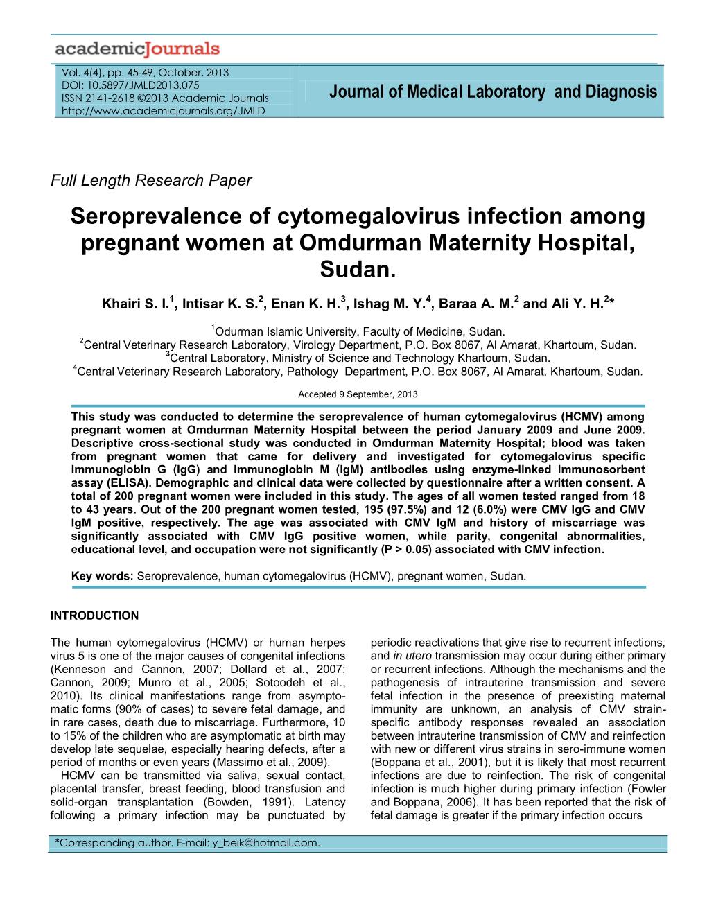Seroprevalence of Cytomegalovirus Infection Among Pregnant Women at Omdurman Maternity Hospital, Sudan