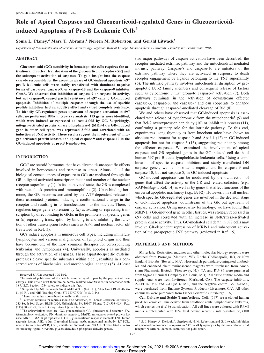 Role of Apical Caspases and Glucocorticoid-Regulated Genes in Glucocorticoid- Induced Apoptosis of Pre-B Leukemic Cells1