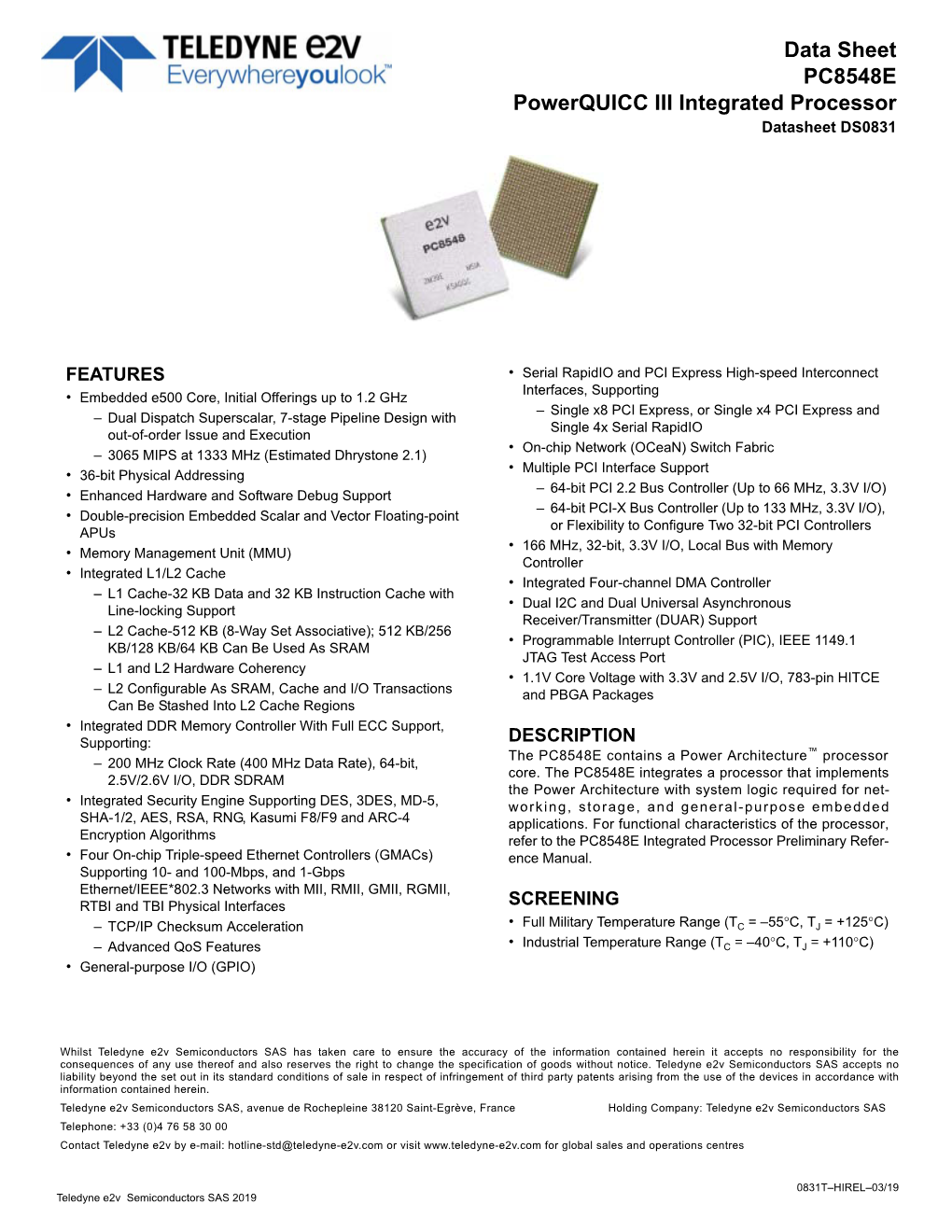 Data Sheet PC8548E Powerquicc III Integrated Processor Datasheet DS0831