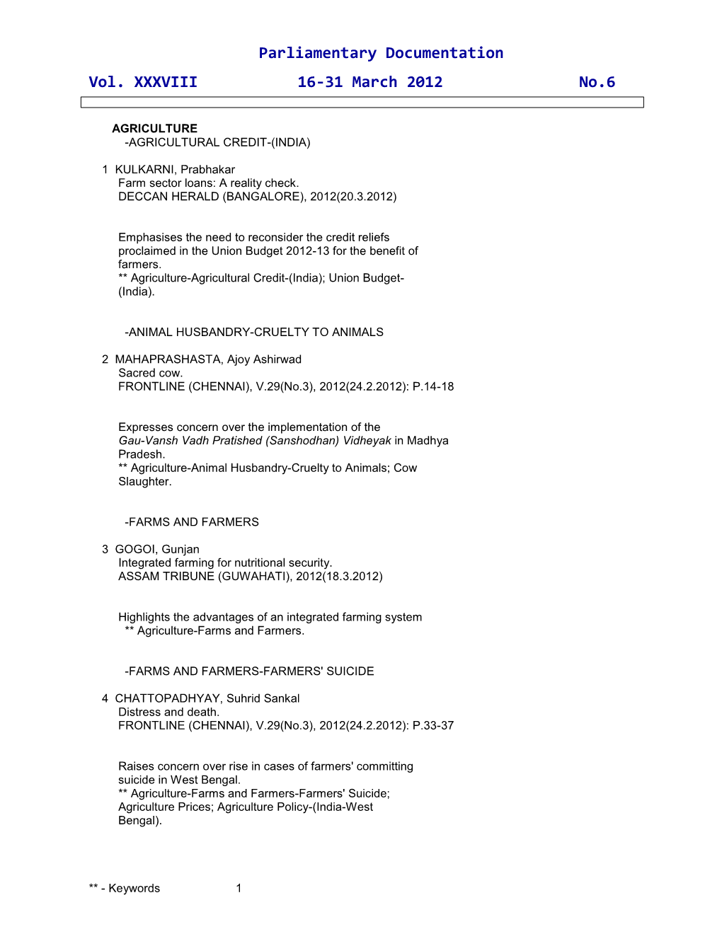 Parliamentary Documentation Vol. XXXVIII 16-31 March 2012 No.6