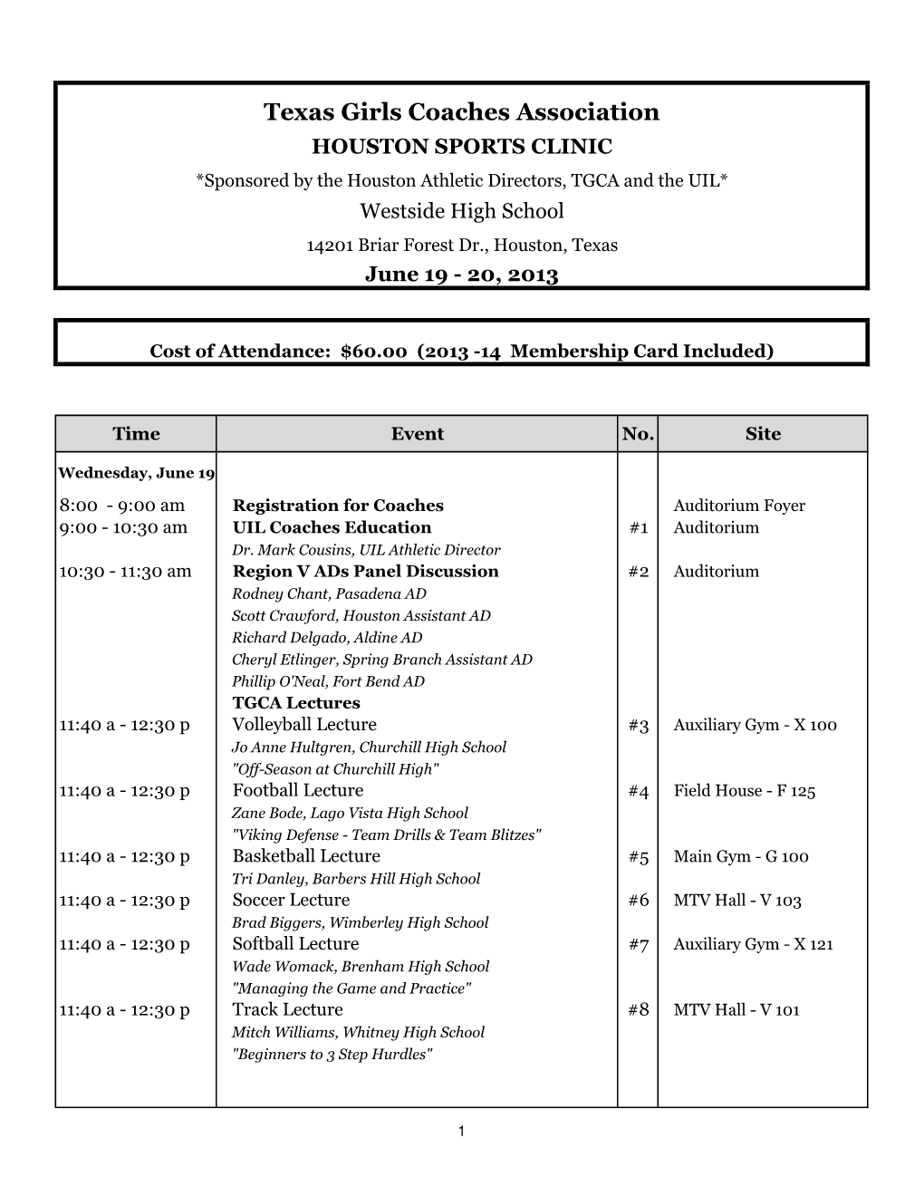 2013 Houston Sports Clinic Agenda