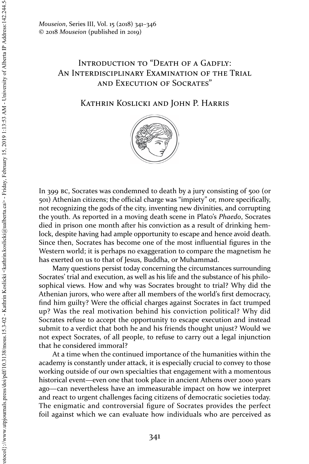 Introduction to “Death of a Gadfly: an Interdisciplinary Examination of the Trial and Execution of Socrates”