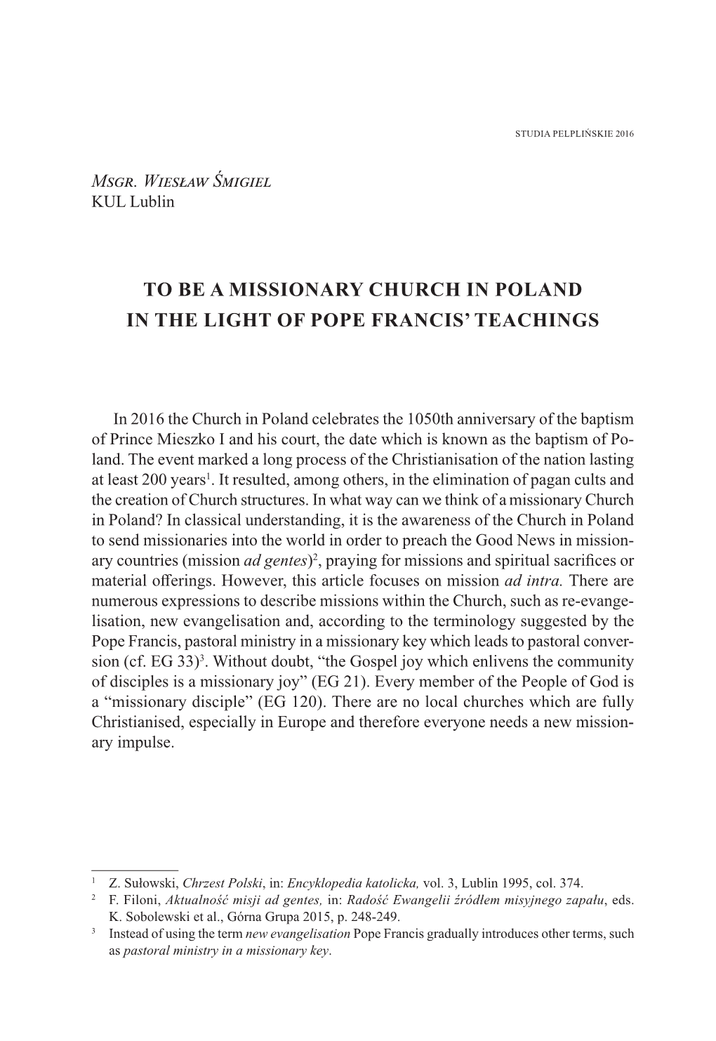 To Be a Missionary Church in Poland in the Light of Pope Francis’ Teachings