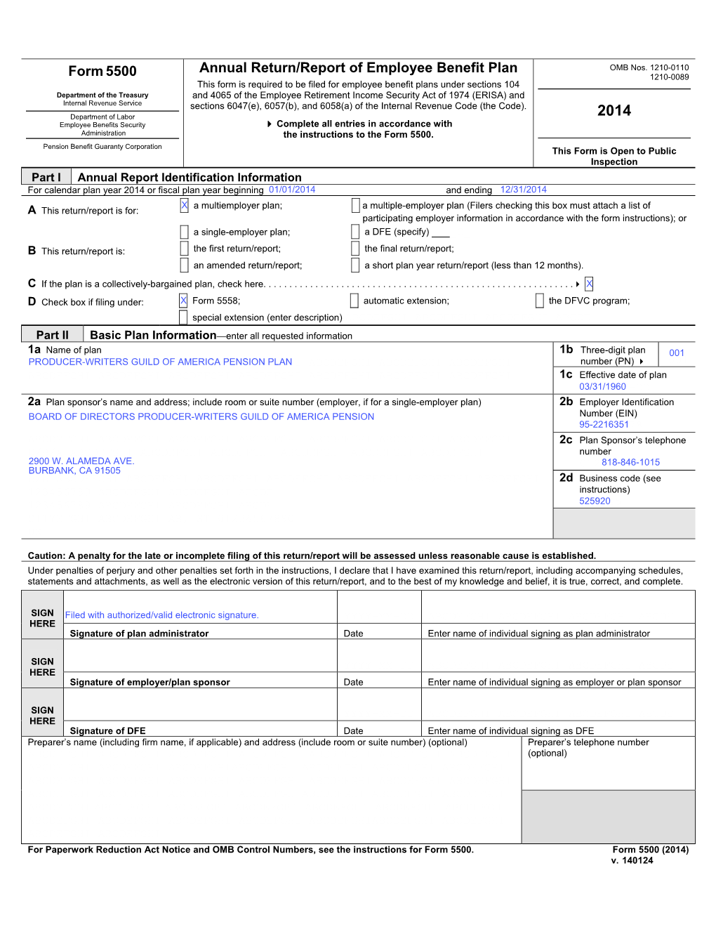 Pension Plan 2014 Form 5500