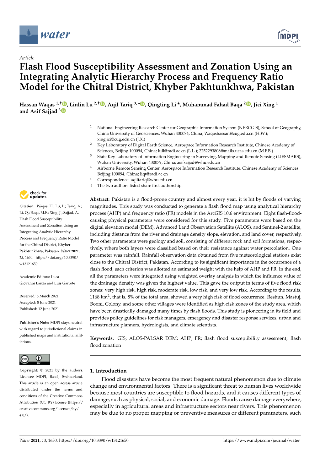 Flash Flood Susceptibility Assessment and Zonation Using an Integrating