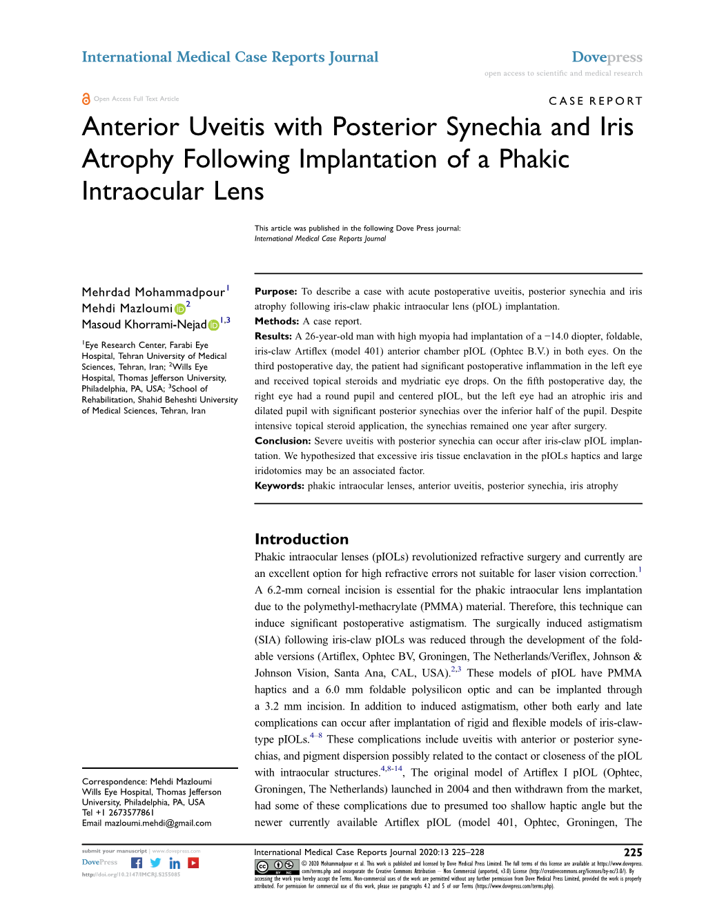 Anterior Uveitis with Posterior Synechia and Iris Atrophy Following Implantation of a Phakic Intraocular Lens