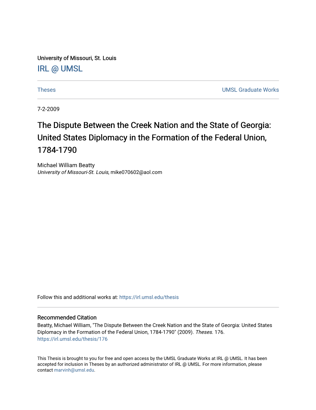 The Dispute Between the Creek Nation and the State of Georgia: United States Diplomacy in the Formation of the Federal Union, 1784-1790