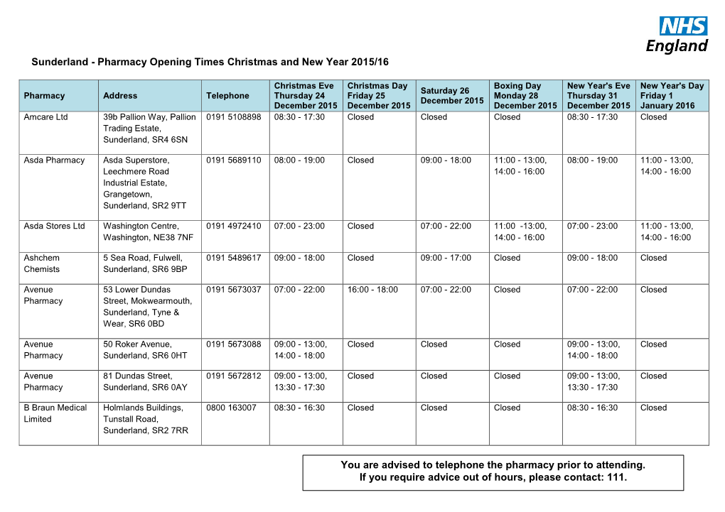 You Are Advised to Telephone the Pharmacy Prior to Attending. If You Require Advice out of Hours, Please Contact: 111