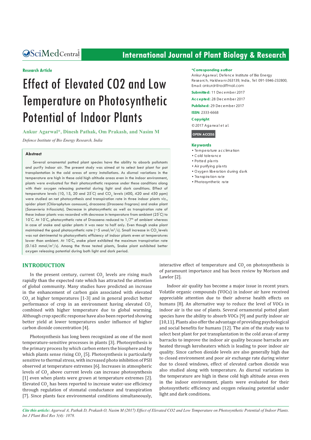 Effect of Elevated CO2 and Low Temperature on Photosynthetic Potential of Indoor Plants