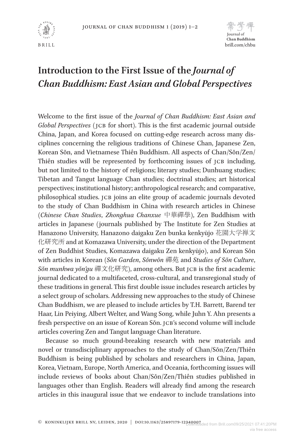 Introduction to the First Issue of Thejournal of Chan Buddhism: East