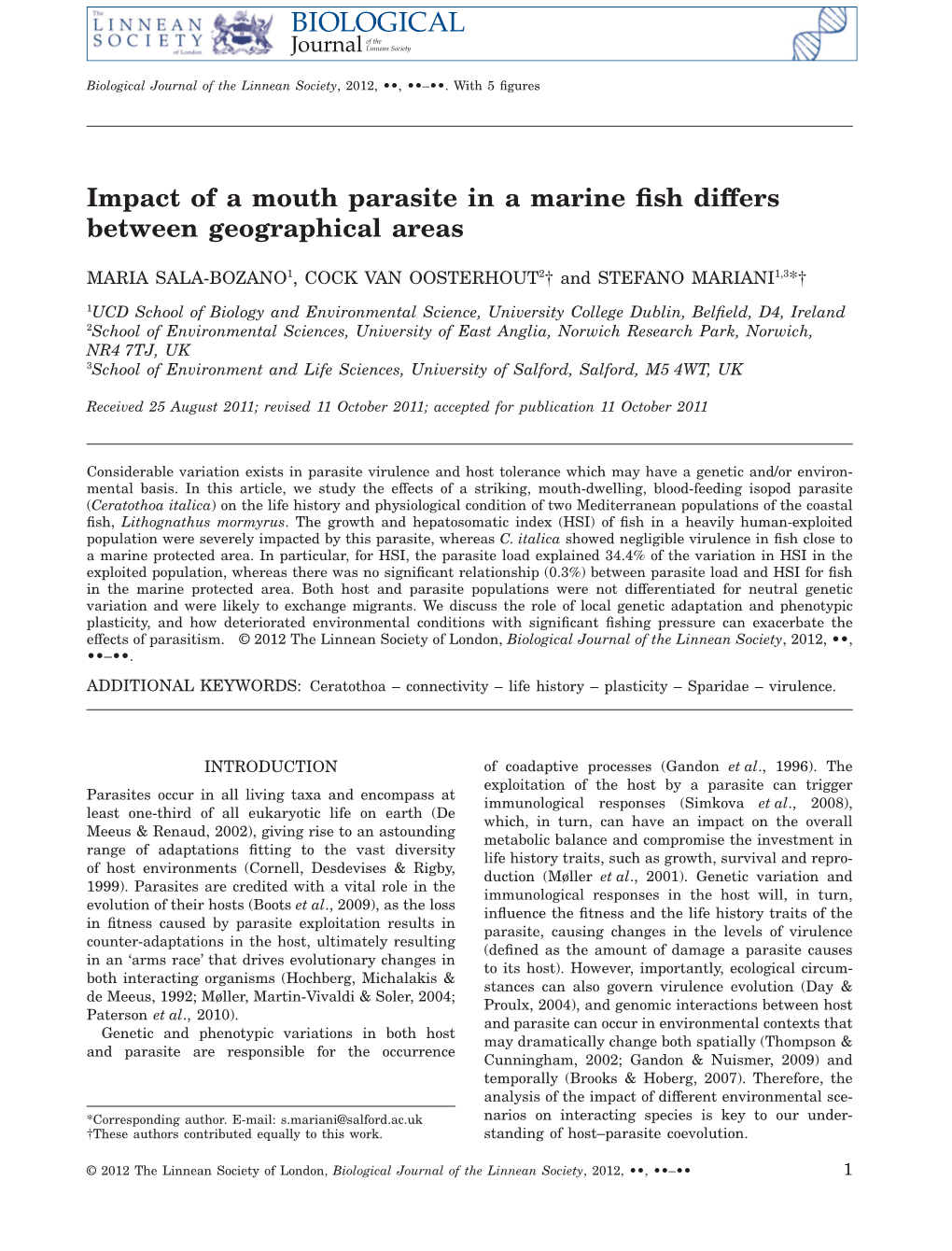 Impact of a Mouth Parasite in a Marine Fish Differs Between Geographical