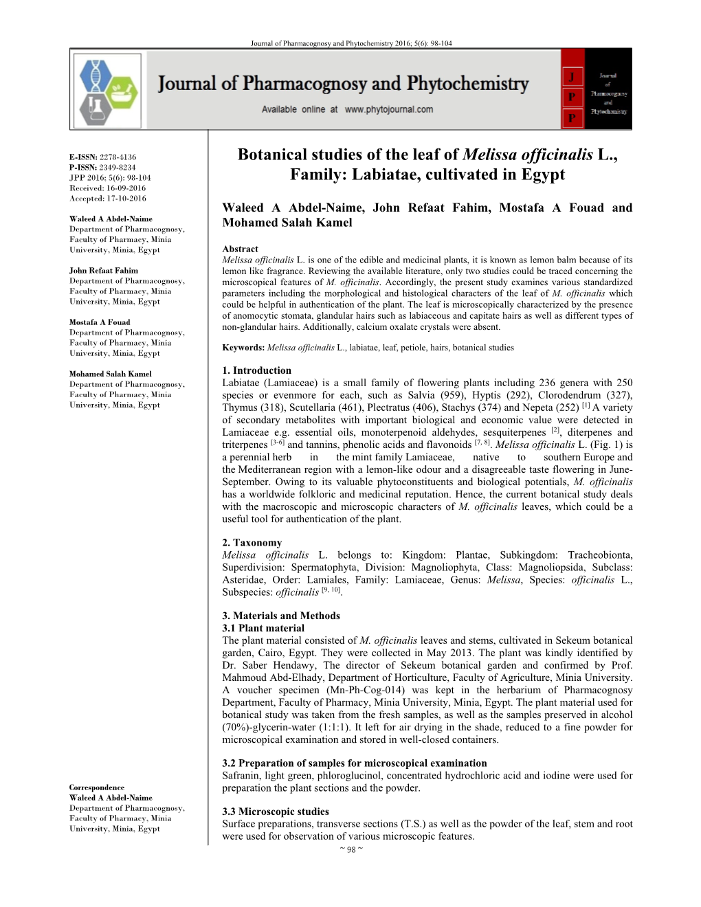 Botanical Studies of the Leaf of Melissa Officinalis L., Family