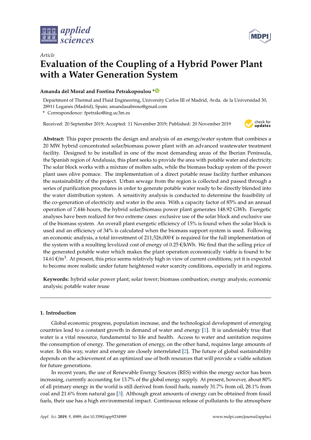 Evaluation of the Coupling of a Hybrid Power Plant with a Water Generation System