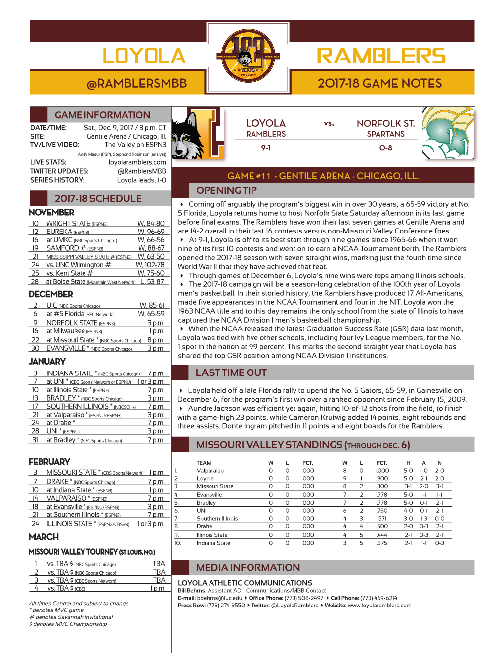 Loyola Ramblers @Ramblersmbb 2017-18 Game Notes