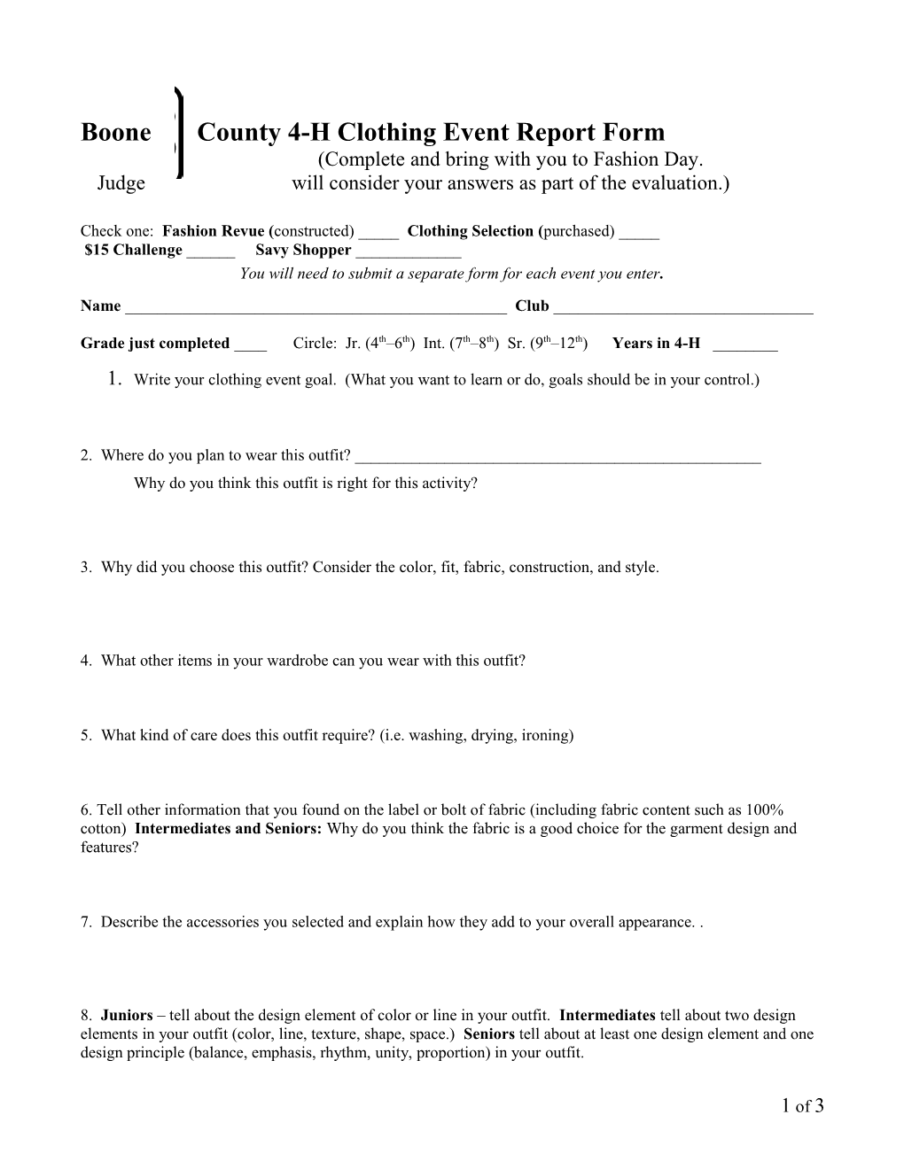 Boone County 4-H Clothing Event Report Form