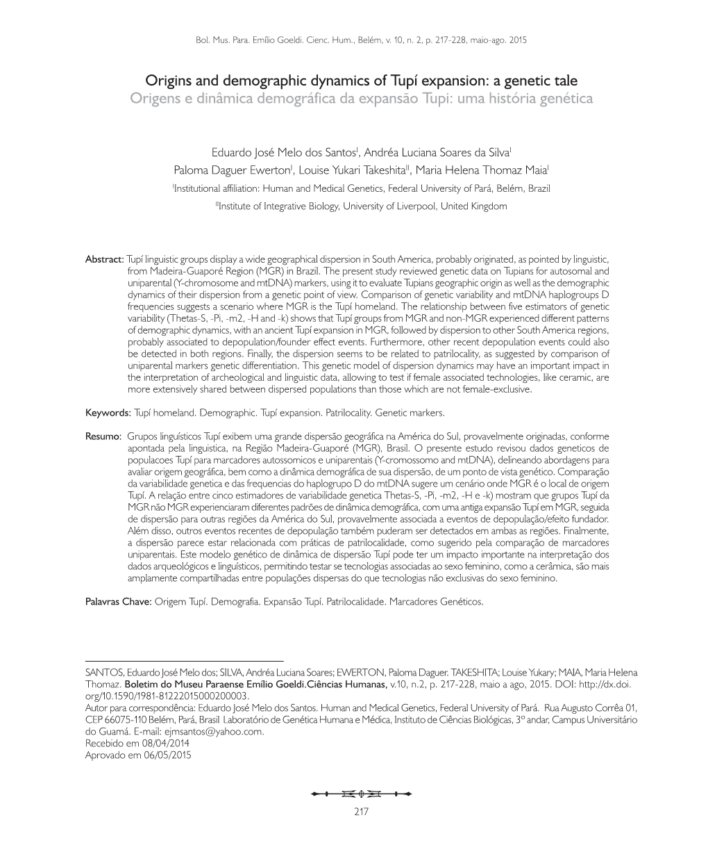 Origins and Demographic Dynamics of Tupí Expansion: a Genetic Tale Origens E Dinâmica Demográfica Da Expansão Tupi: Uma História Genética