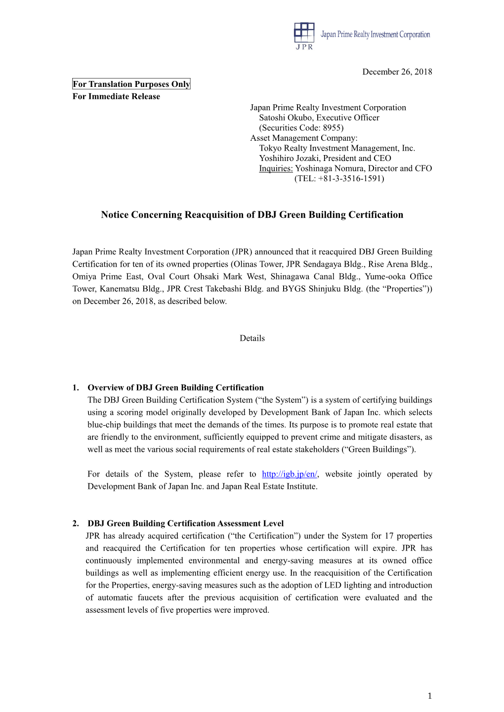 Notice Concerning Reacquisition of DBJ Green Building Certification