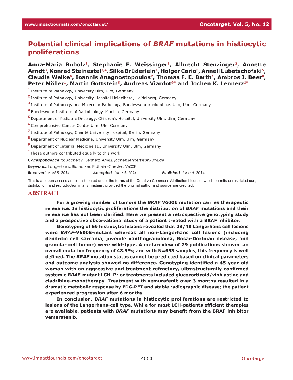 Potential Clinical Implications of BRAF Mutations in Histiocytic Proliferations