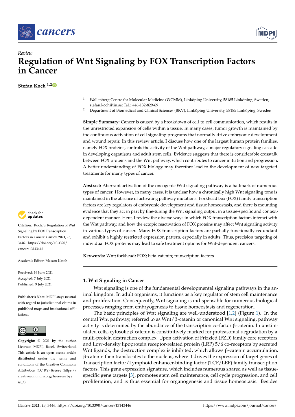 Regulation of Wnt Signaling by FOX Transcription Factors in Cancer