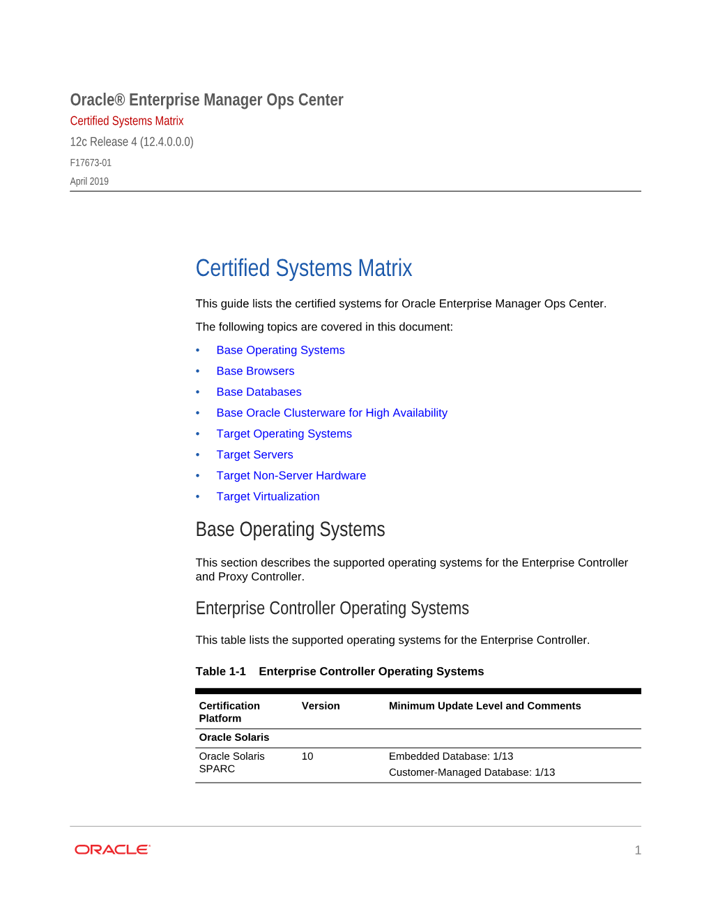 Certified Systems Matrix 12C Release 4 (12.4.0.0.0) F17673-01 April 2019