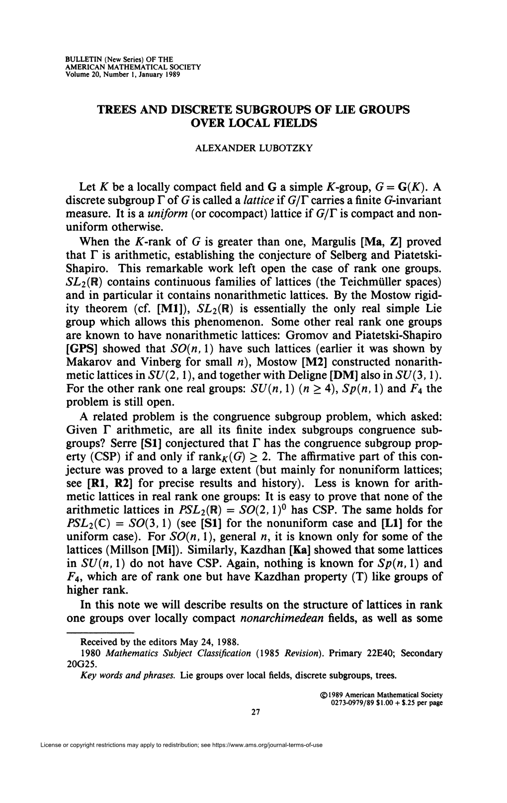 TREES and DISCRETE SUBGROUPS of LIE GROUPS OVER LOCAL FIELDS Let K Be a Locally Compact Field and G a Simple AT-Group, G = G(K)