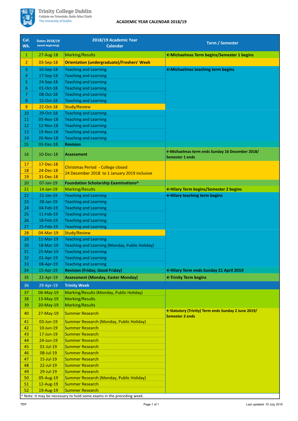 2018/19 Academic Year Calendar Term / Semester