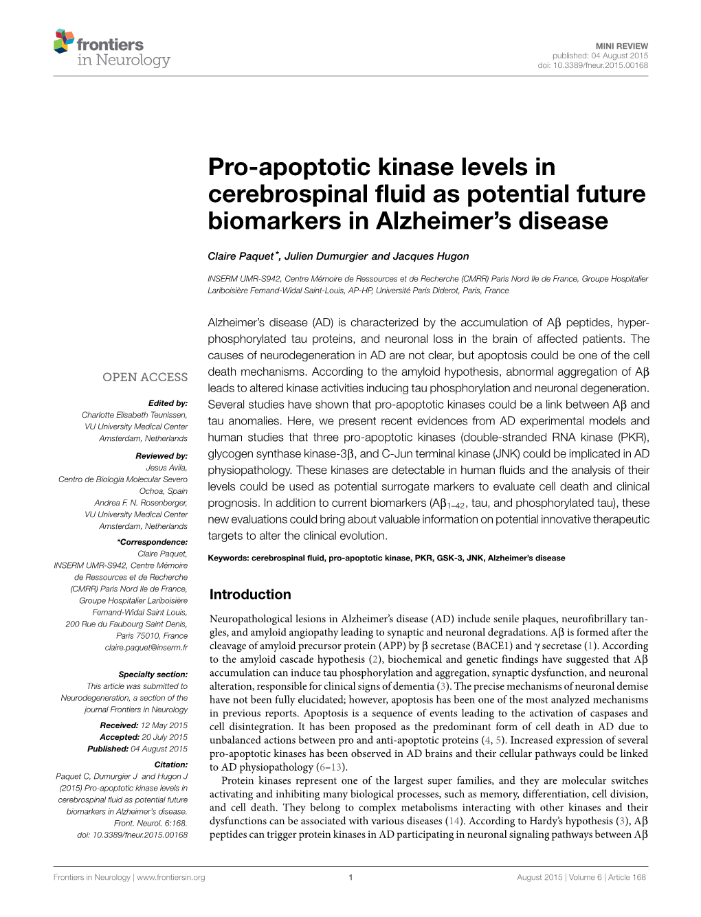Pro-Apoptotic Kinase Levels in Cerebrospinal Fluid As Potential Future Biomarkers in Alzheimer’S Disease