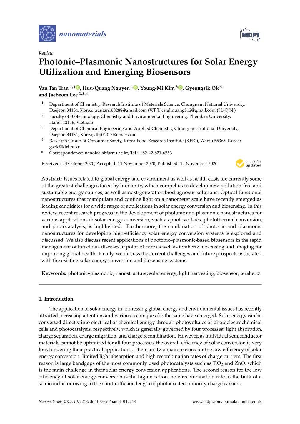 Photonic–Plasmonic Nanostructures for Solar Energy Utilization and Emerging Biosensors