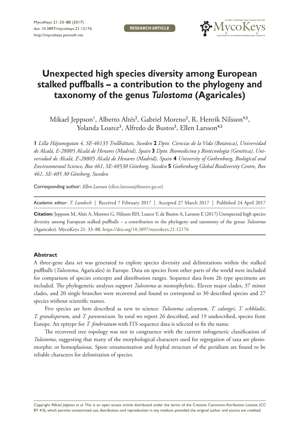 Unexpected High Species Diversity Among European Stalked Puffballs – a Contribution to the Phylogeny and Taxonomy of the Genus Tulostoma (Agaricales)