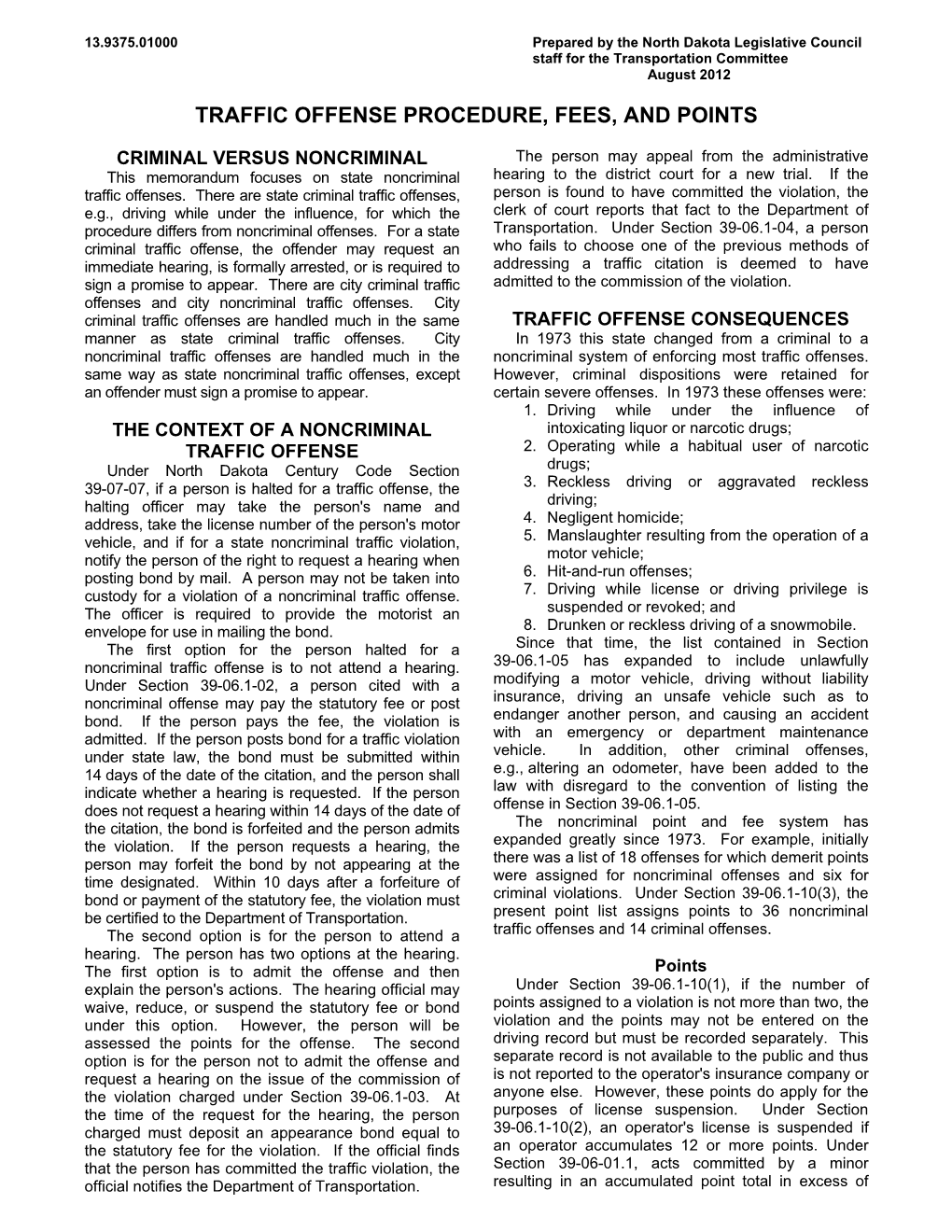 Traffic Offense Procedure, Fees, and Points