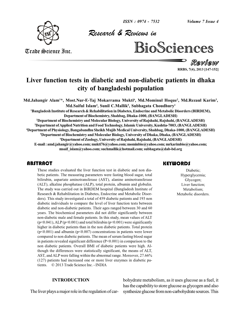 Liver Function Tests in Diabetic and Non-Diabetic Patients in Dhaka City of Bangladeshi Population