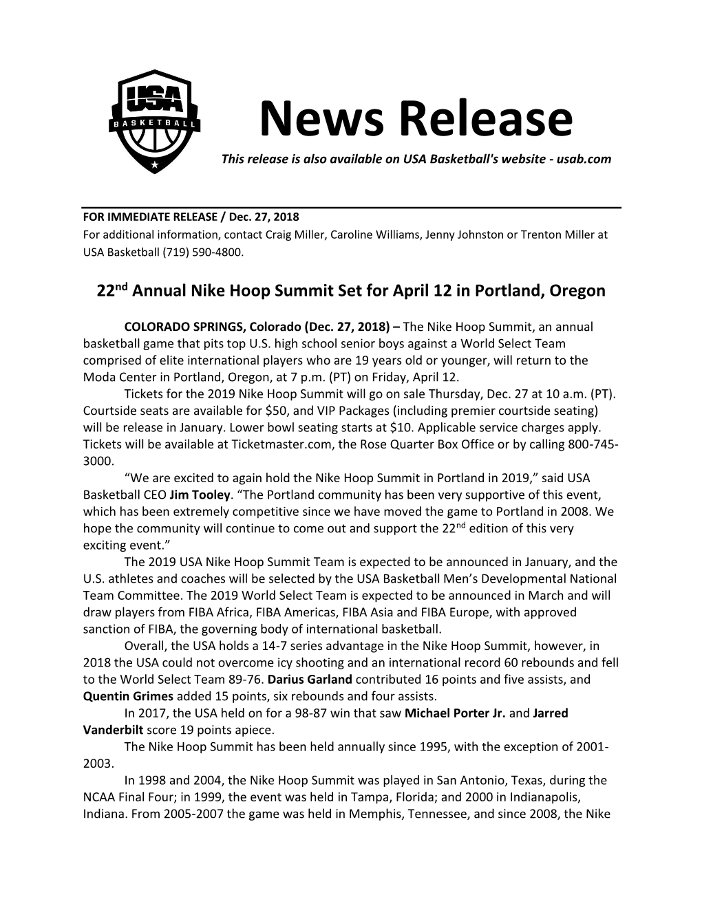 News Release This Release Is Also Available on USA Basketball's Website - Usab.Com