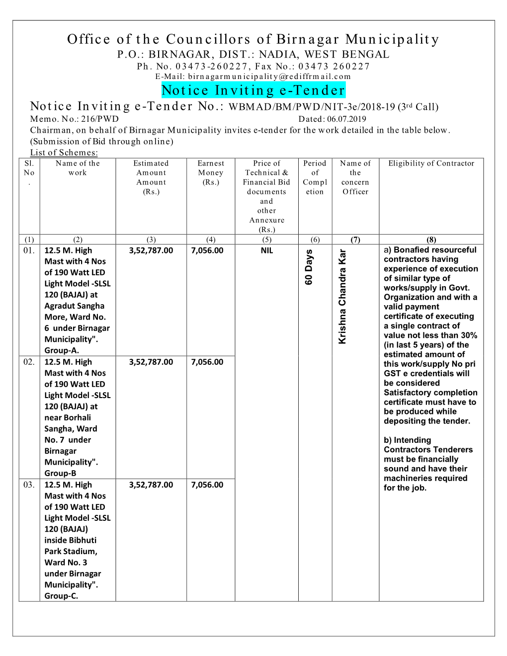 Office of the Councillors of Birnagar Municipality Notice Inviting E-Tender