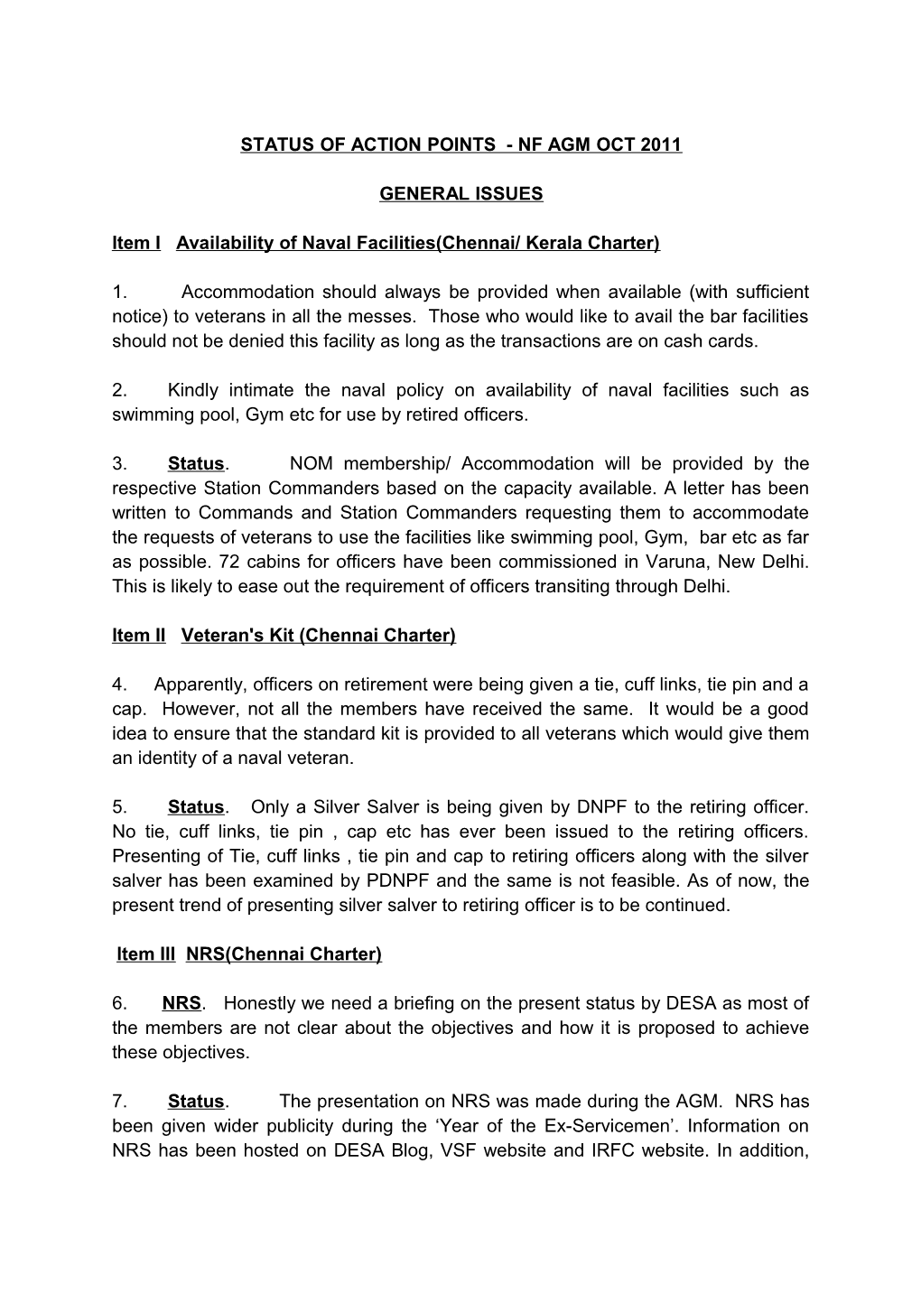 Status of Action Points - Nf Agm Oct 2011