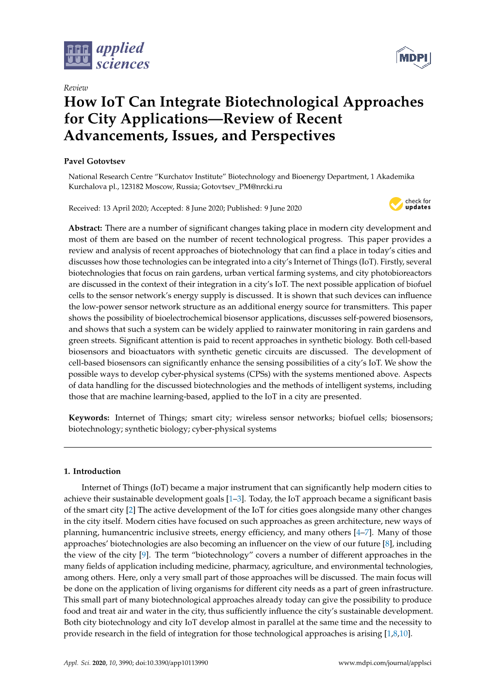 How Iot Can Integrate Biotechnological Approaches for City Applications—Review of Recent Advancements, Issues, and Perspectives