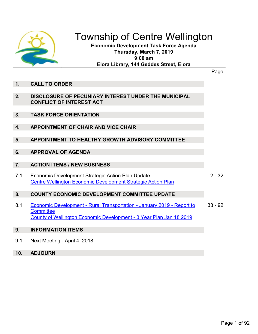 Economic Development Task Force Agenda Thursday, March 7, 2019 9:00 Am Elora Library, 144 Geddes Street, Elora Page