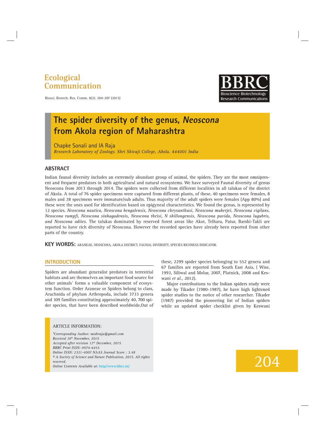 The Spider Diversity of the Genus, Neoscona from Akola Region of Maharashtra