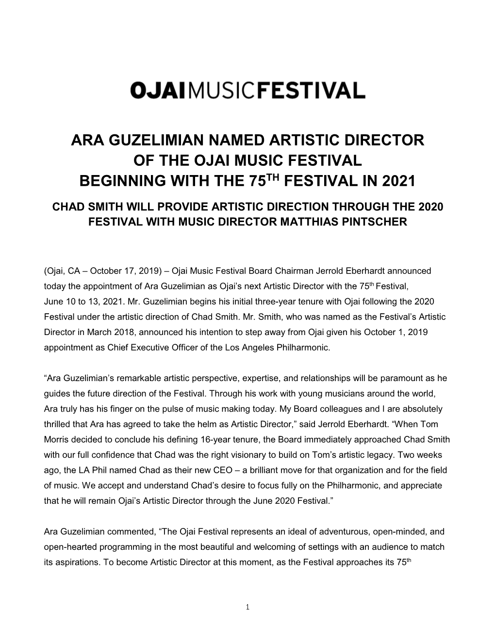 Ara Guzelimian Named Artistic Director of the Ojai Music Festival Beginning with the 75Th Festival in 2021