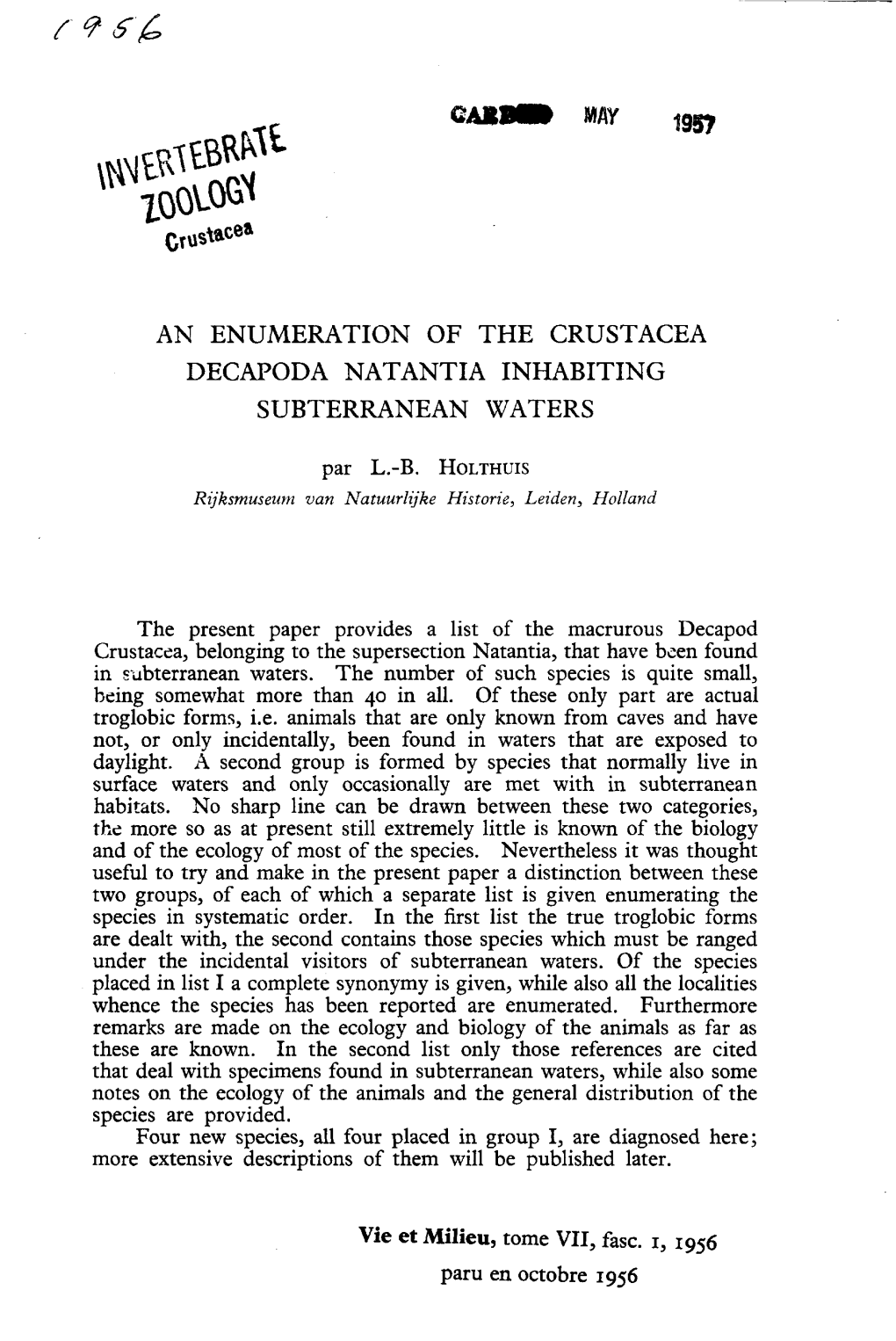 An Enumeration of the Crustacea Decapoda Natantia Inhabiting Subterranean Waters