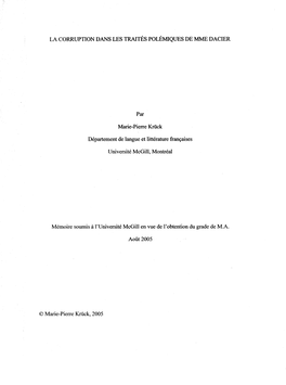 La Corruption Dans Les Traités Polémiques De Mme Dacier