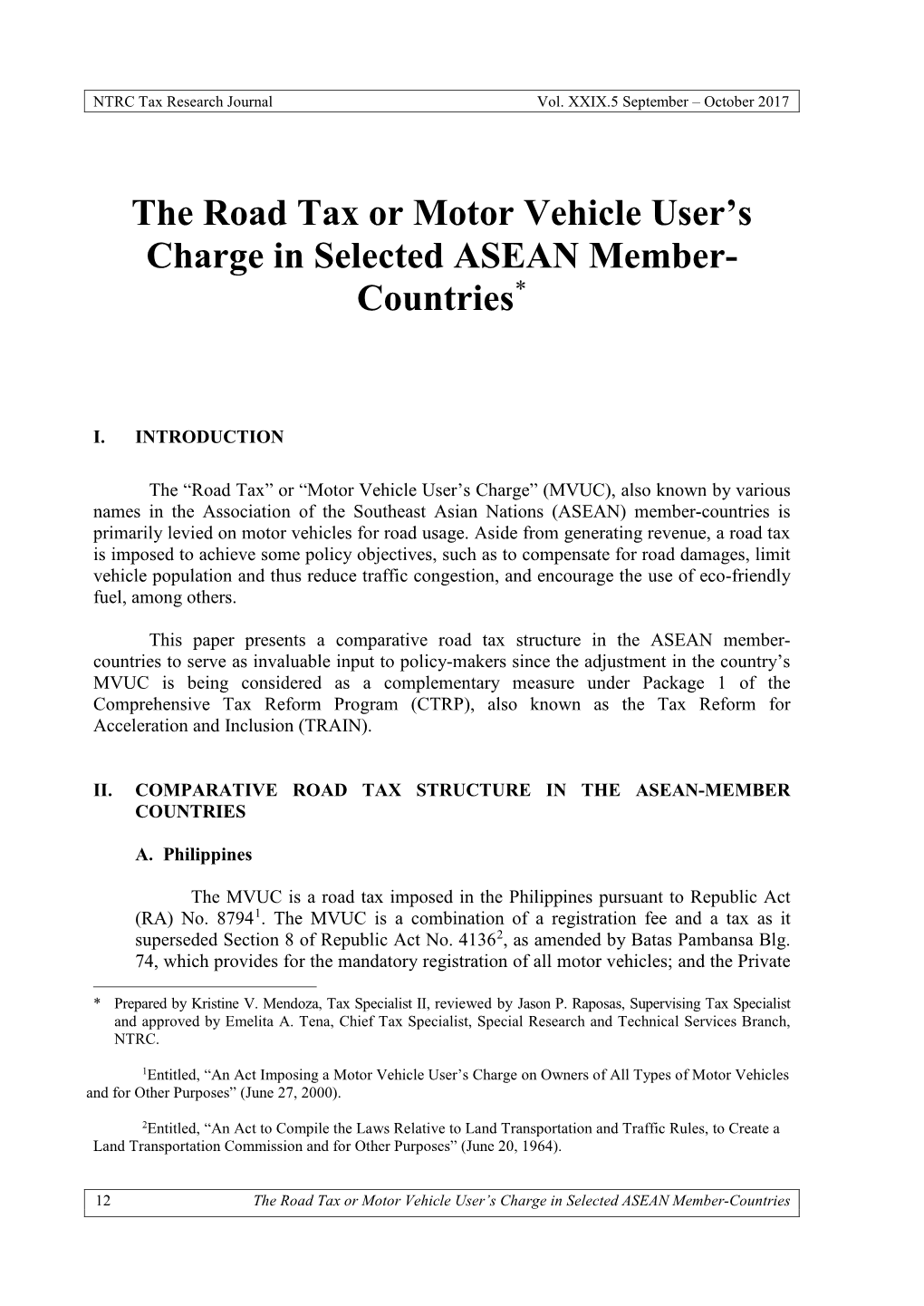 The Road Tax Or Motor Vehicle User's Charge in Selected ASEAN Member- Countries