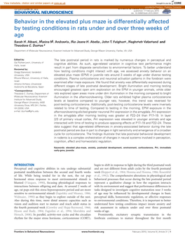 Behavior in the Elevated Plus Maze Is Differentially Affected by Testing Conditions in Rats Under and Over Three Weeks of Age Sarah H