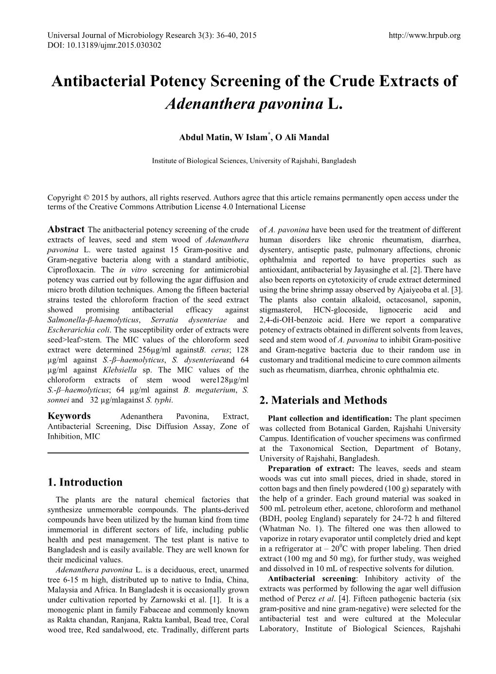 Antibacterial Potency Screening of the Crude Extracts of Adenanthera Pavonina L