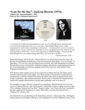 Late for the Sky”--Jackson Browne (1974) Added to the National Registry: 2020 Essay by Dave Thompson (Guest Post)*