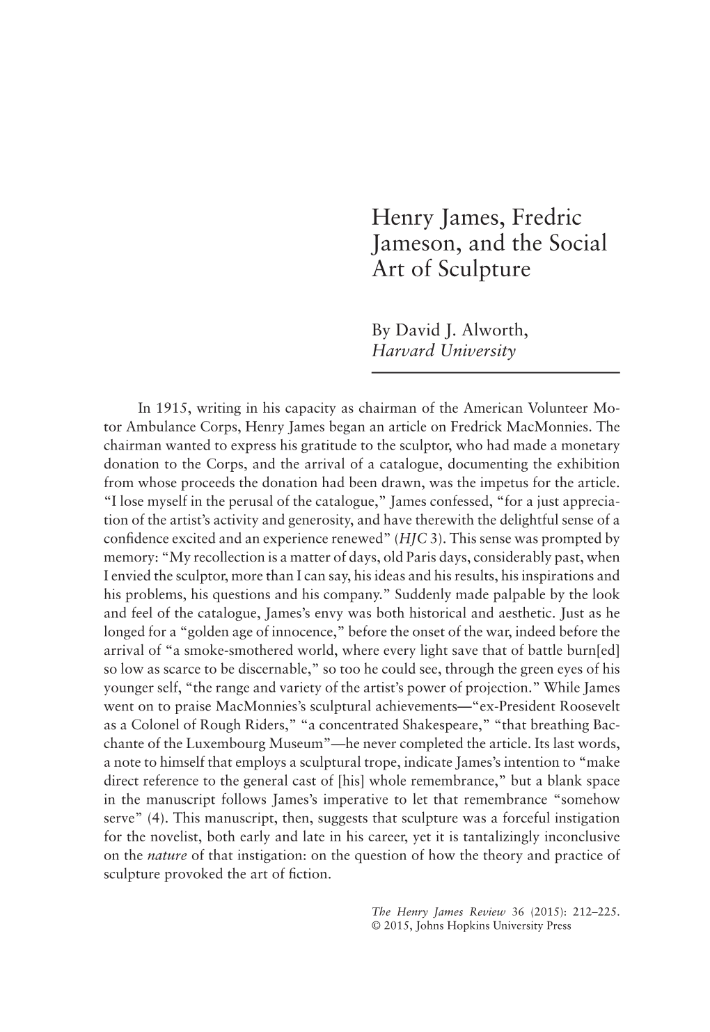 Henry James, Fredric Jameson, and the Social Art of Sculpture