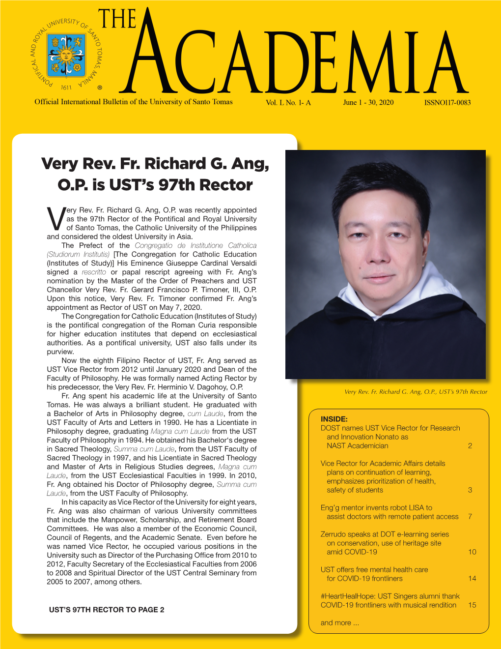 Very Rev. Fr. Richard G. Ang, O.P. Is UST's 97Th Rector