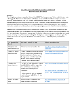 First Nation Community COVID-19 Travel Bans and Protocols Rolling Document- August 2020