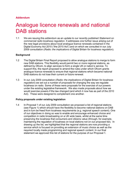 1 Analogue Licence Renewals and National DAB Stations