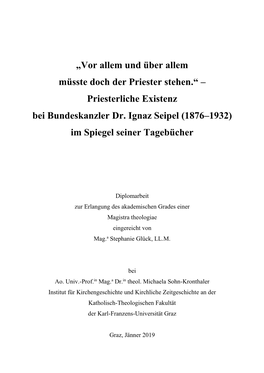 Priesterliche Existenz Bei Bundeskanzler Dr. Ignaz Seipel (1876–1932) Im Spiegel Seiner Tagebücher